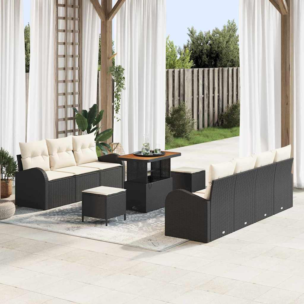 10-teilige Garten Sofa Set mit Kissen Schwarz Poly Rattan Akazie