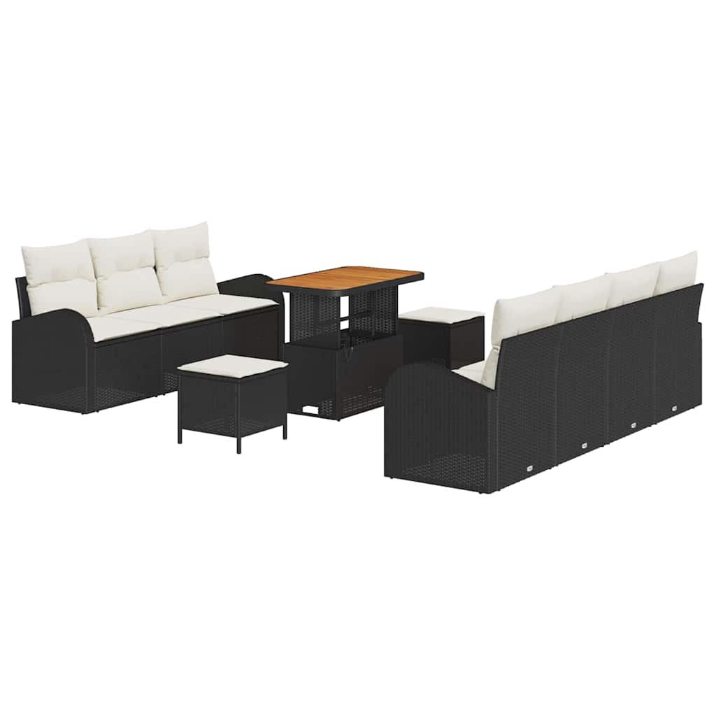 10-teilige Garten Sofa Set mit Kissen Schwarz Poly Rattan Akazie