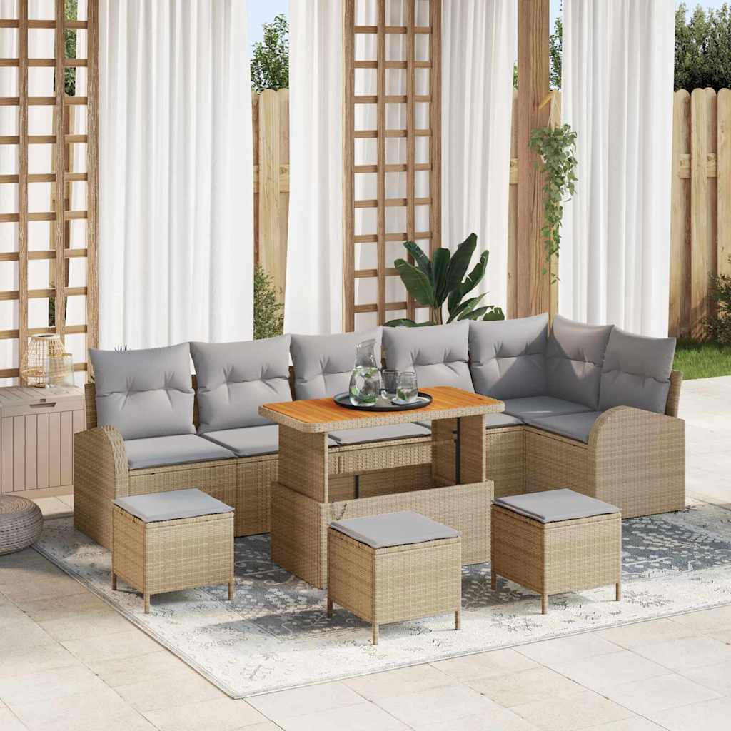 10-teilige Garten-Sofaset mit Kissen Beige Poly-Rattan Akazie