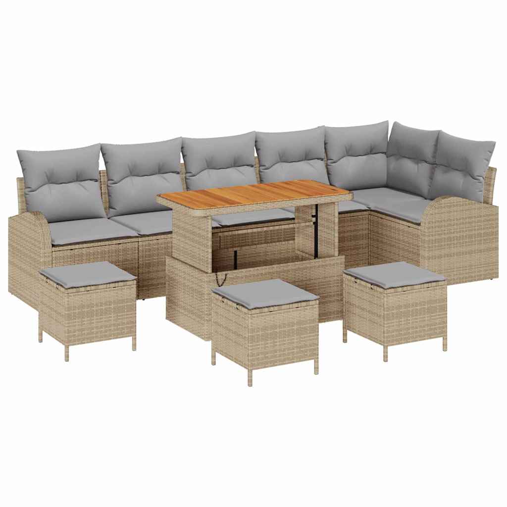 10-teilige Garten-Sofaset mit Kissen Beige Poly-Rattan Akazie