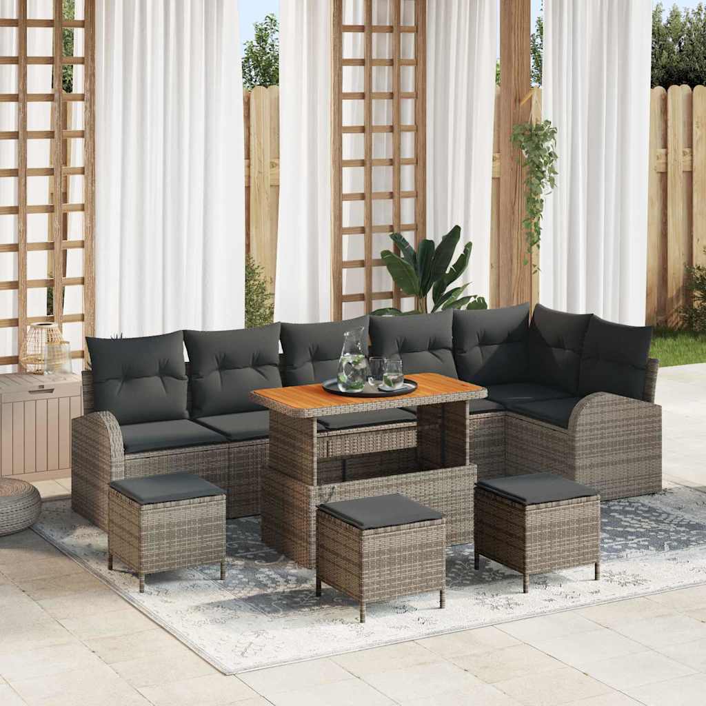 10-teiliges Garten Sofa Set mit Kissen Grau Poly Rattan Akazie
