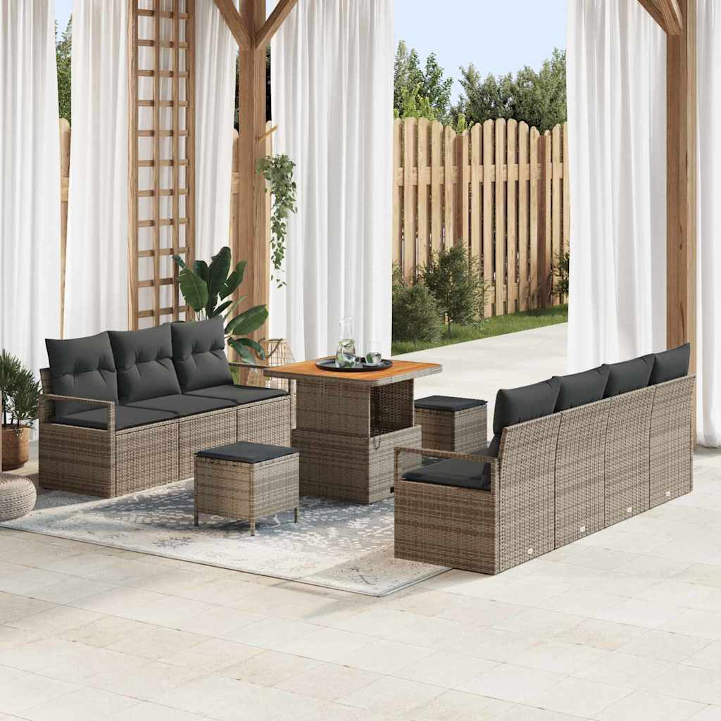 10-teiliges Garten Sofa Set mit Kissen aus grauem Poly-Rattan und Akazie