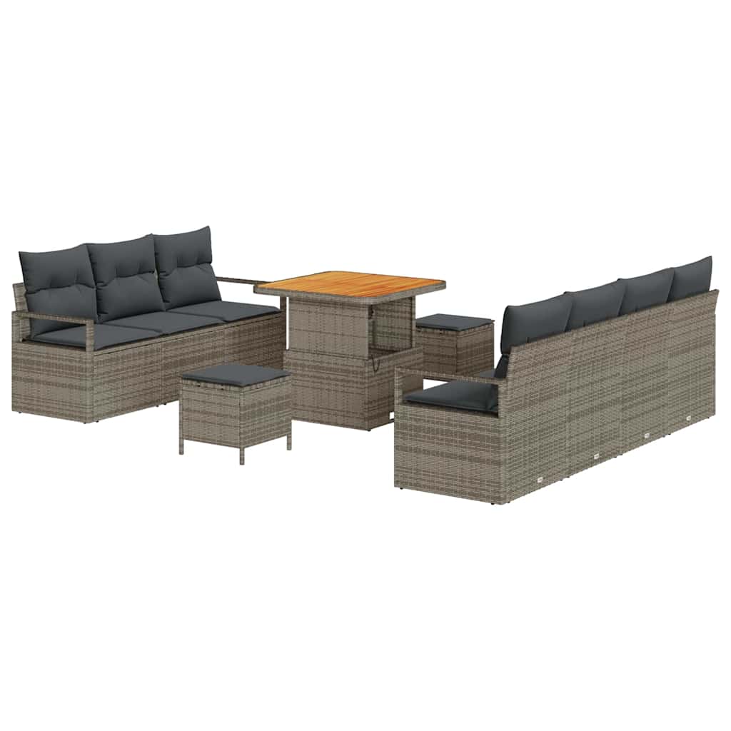10-teiliges Garten Sofa Set mit Kissen aus grauem Poly-Rattan und Akazie