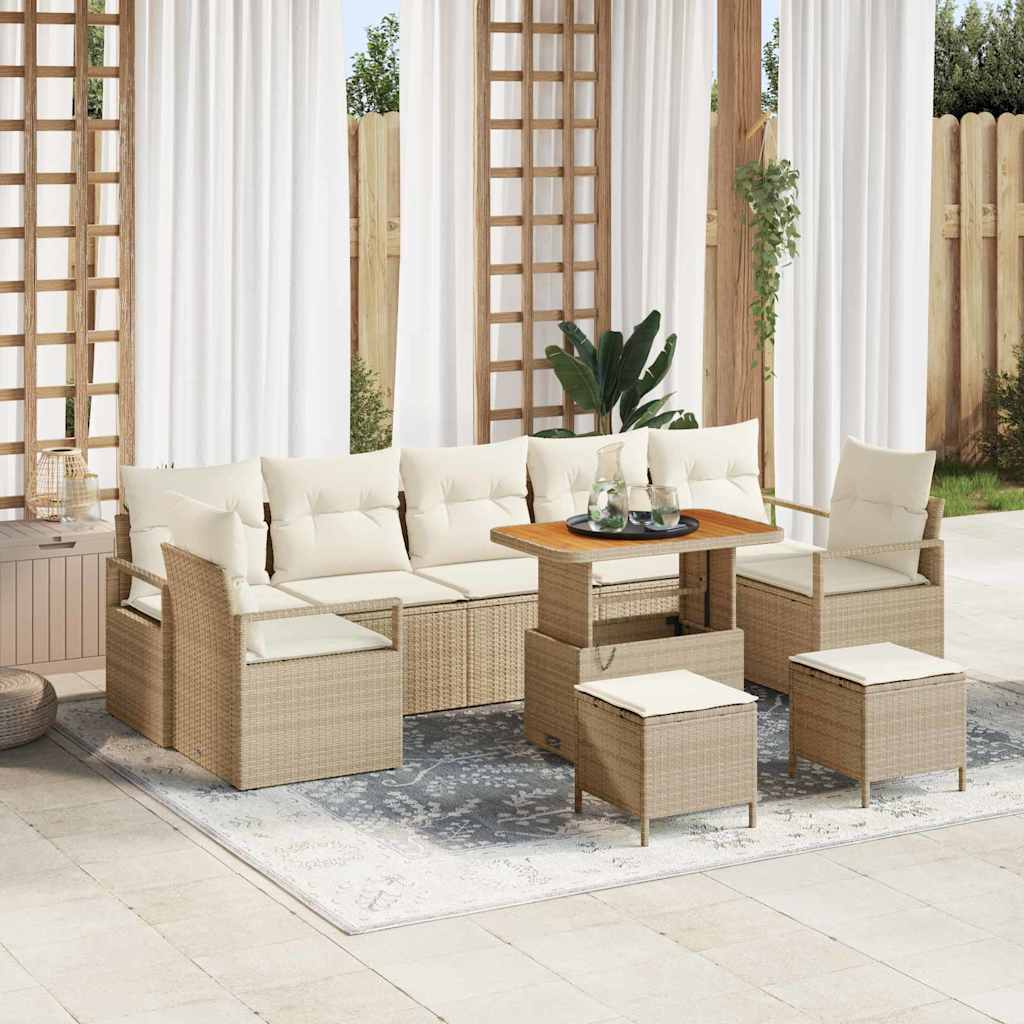 10-teilige Garten-Sofa-Garnitur mit Kissen in Beige aus Poly Rattan und Akazienholz
