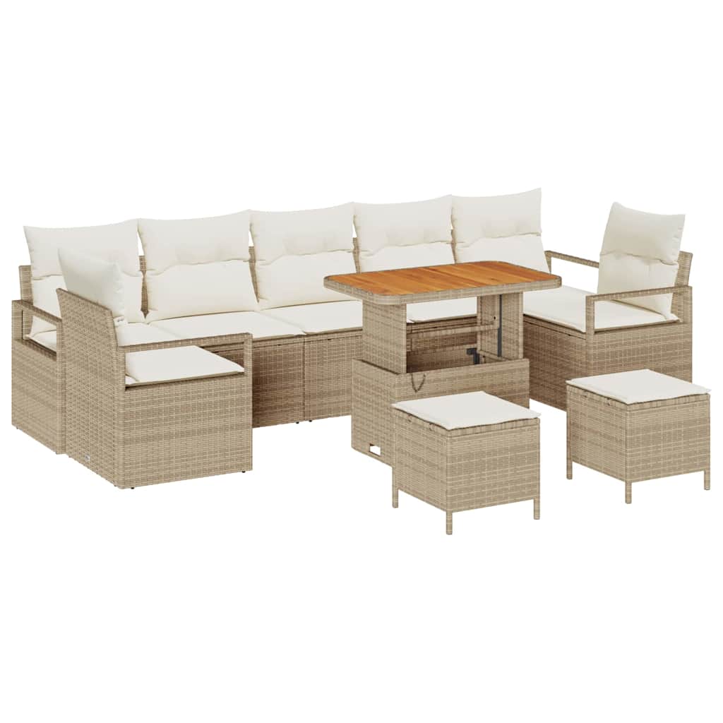 10-teilige Garten-Sofa-Garnitur mit Kissen in Beige aus Poly Rattan und Akazienholz