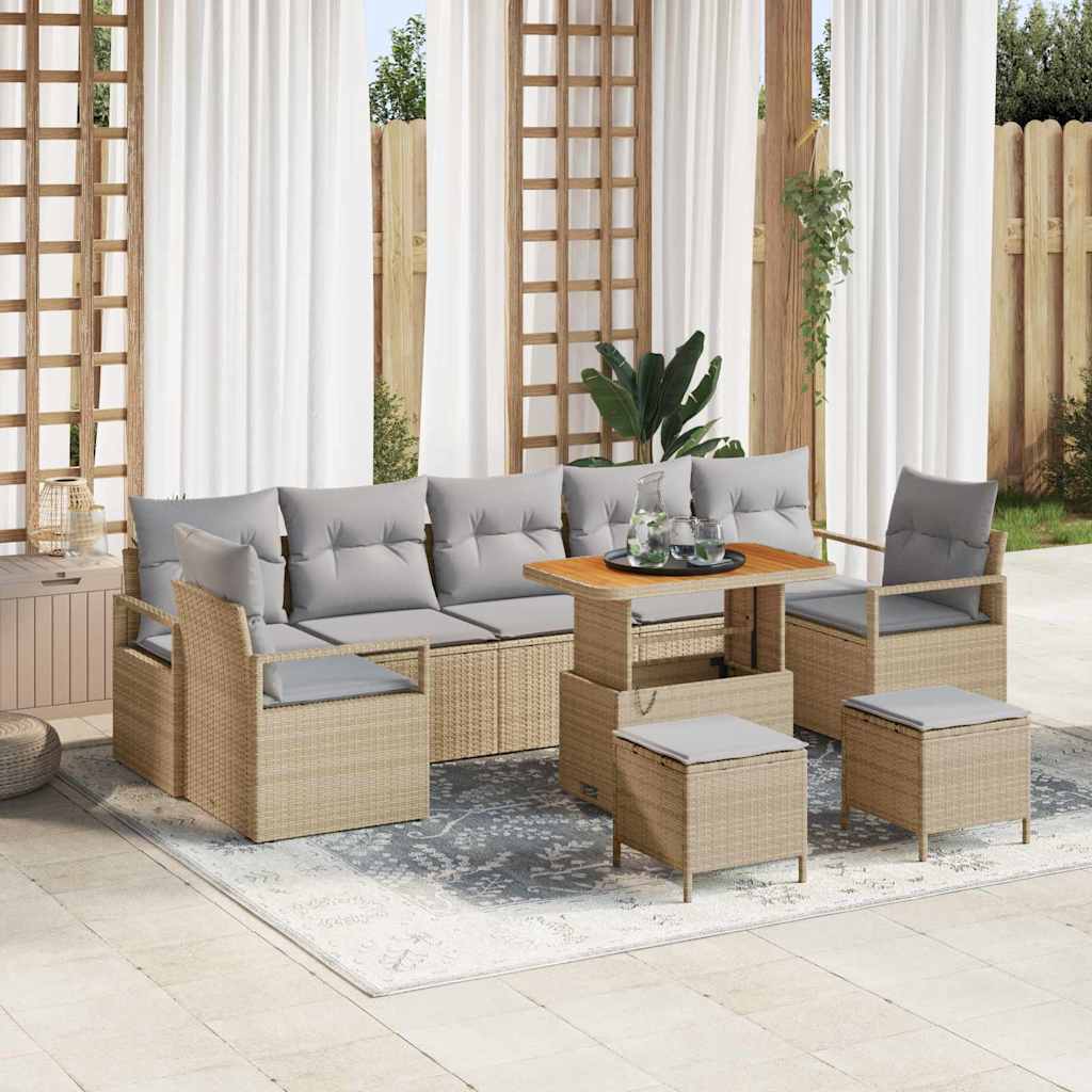 10-teilige Garten-Sofagarnitur mit Kissen in Beige, Poly-Rattan und Akazien
