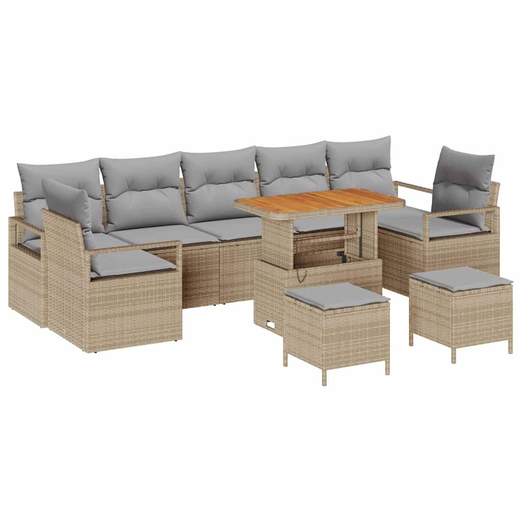 10-teilige Garten-Sofagarnitur mit Kissen in Beige, Poly-Rattan und Akazien
