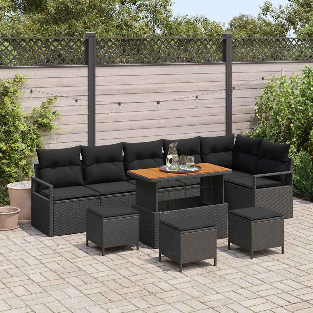 10-teilige Garten Sofa Set mit Kissen Schwarz Poly Rattan Akazie