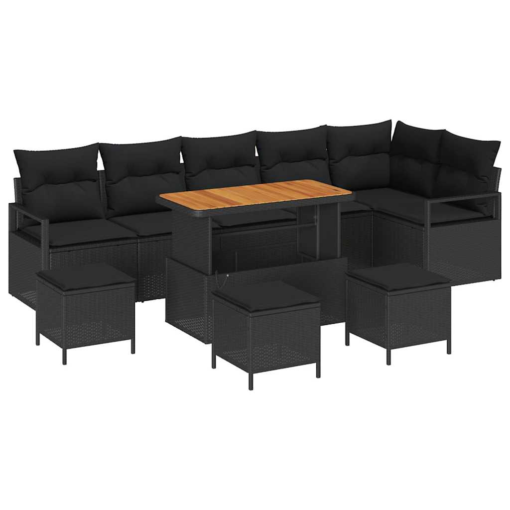 10-teilige Garten Sofa Set mit Kissen Schwarz Poly Rattan Akazie