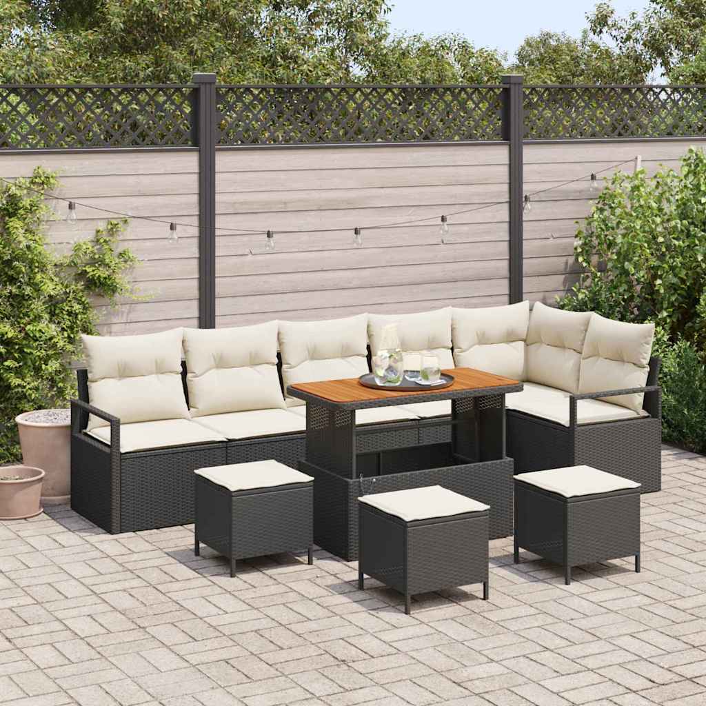 10-teilige Garten Sofagarnitur mit Kissen Schwarz Poly Rattan Akazie