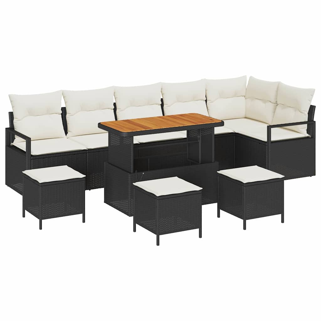 10-teilige Garten Sofagarnitur mit Kissen Schwarz Poly Rattan Akazie