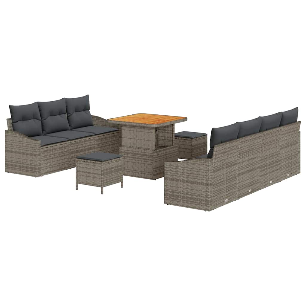 10-teiliges Garten Sofa Set mit Kissen Grau Poly Rattan Akazie