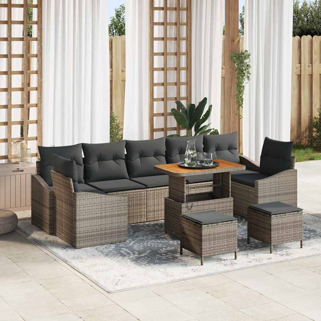 10-teiliges Garten Sofa Set mit Kissen Grau Poly Rattan Akazie