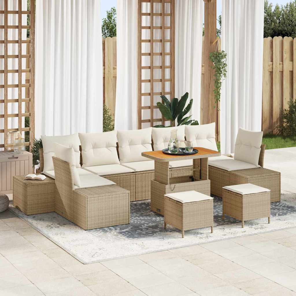 10-teiliger Garten Sofa Set mit Kissen Beige Poly Rattan Akazie
