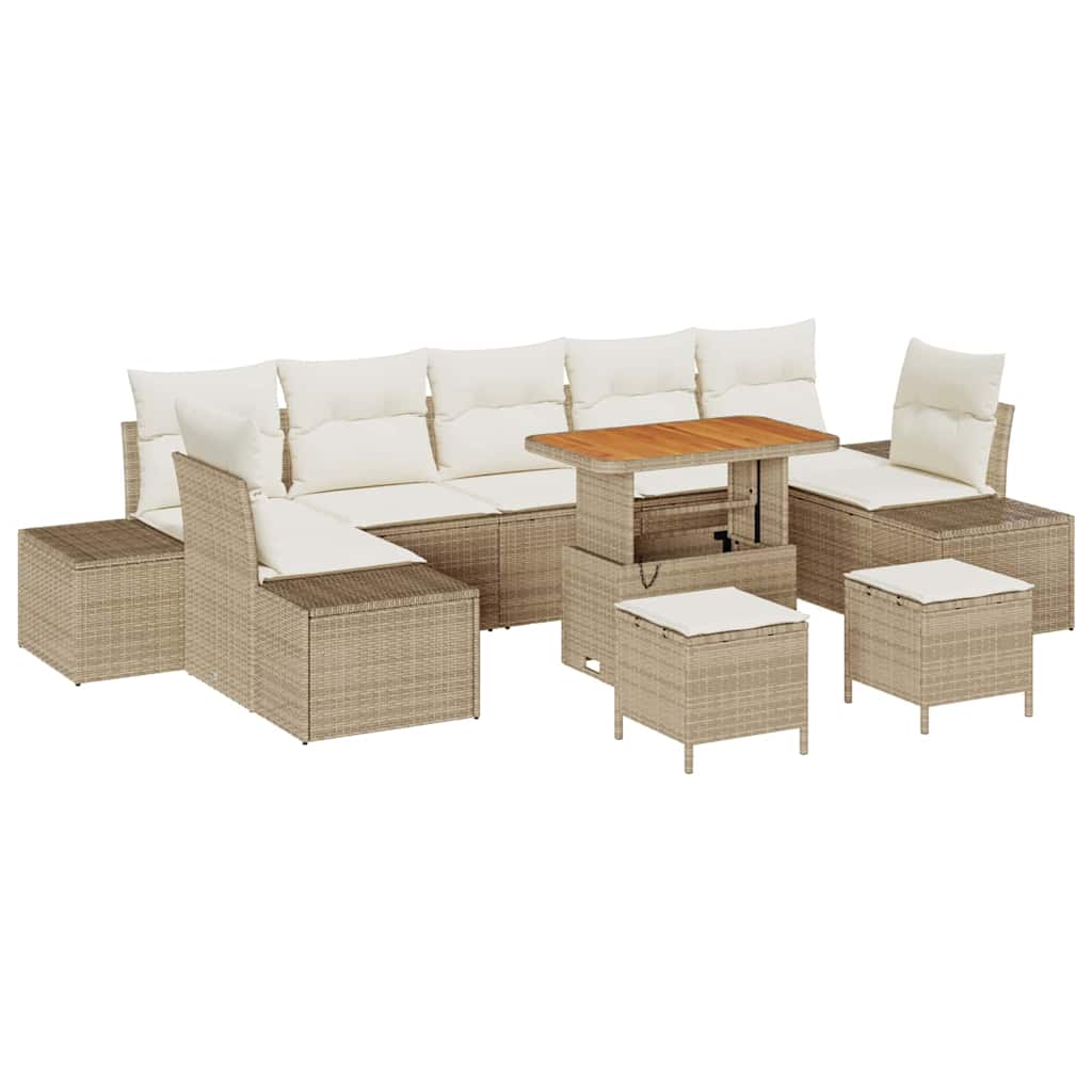 10-teiliger Garten Sofa Set mit Kissen Beige Poly Rattan Akazie