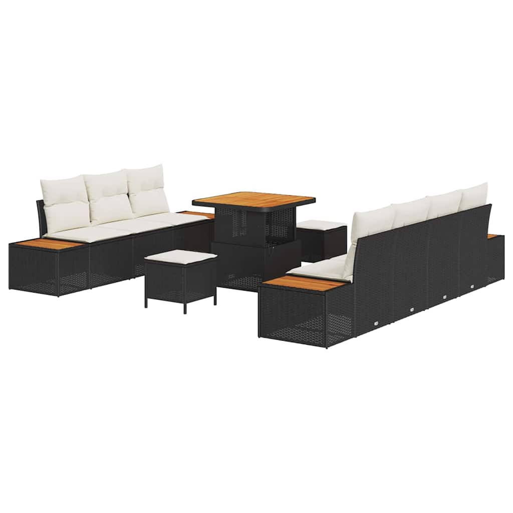 10-teilige Garten Sofa Set mit Kissen Schwarz Poly-Rattan Akazie