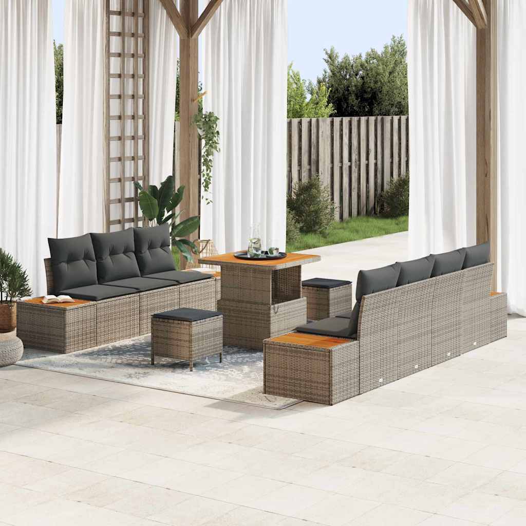 10-teiliges Garten Sofa Set mit Kissen Grau Poly Rattan Akazie