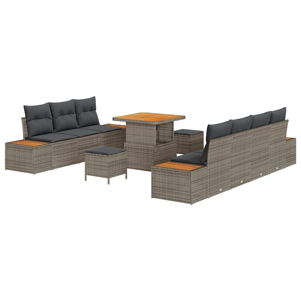 10-teiliges Garten Sofa Set mit Kissen Grau Poly Rattan Akazie