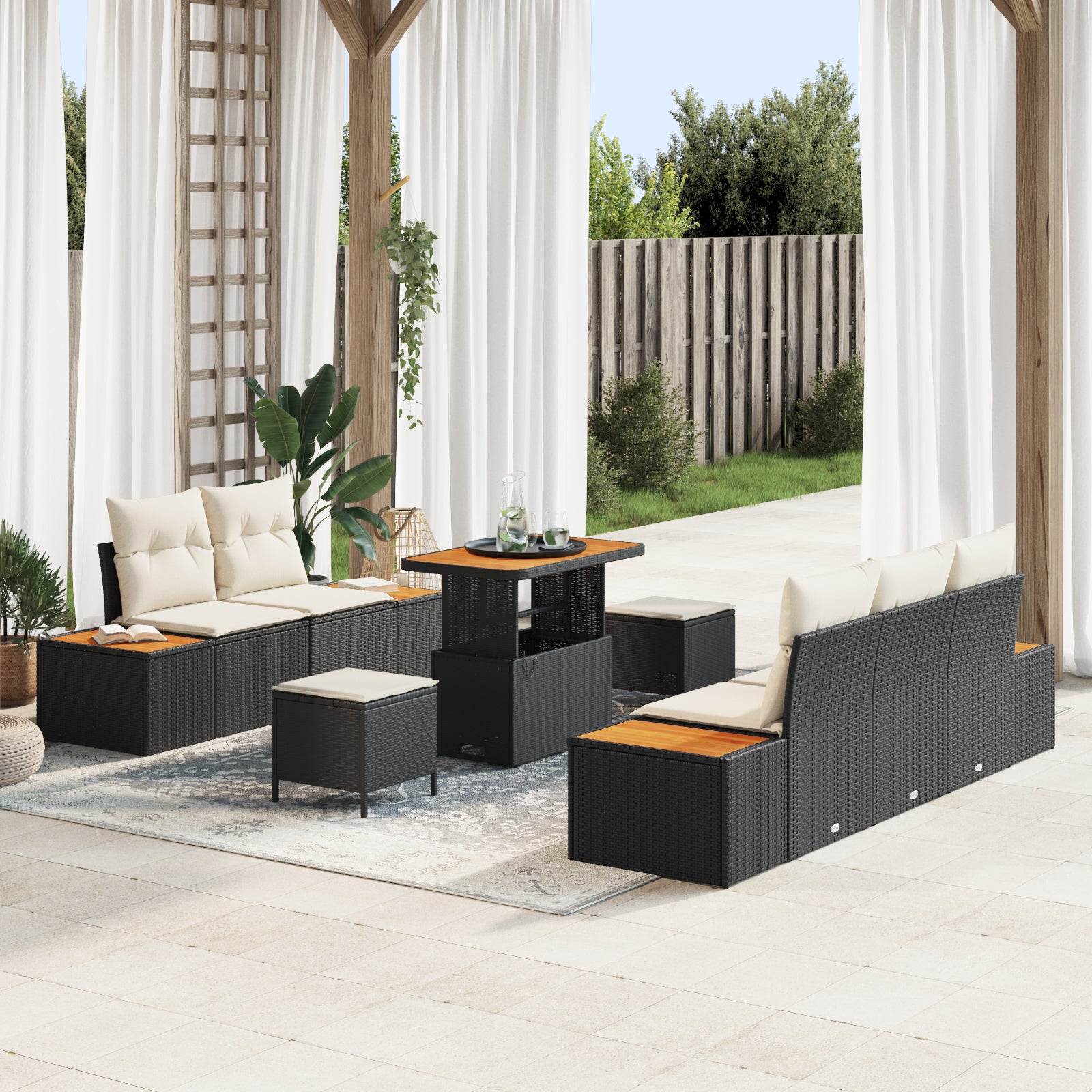 8-teiliges Garten Sofa Set mit Kissen Schwarz Poly Rattan Akazie, vidaXL 3-teiliges Garten Essenset mit Kissen Schwarz Poly Rattan Akazie