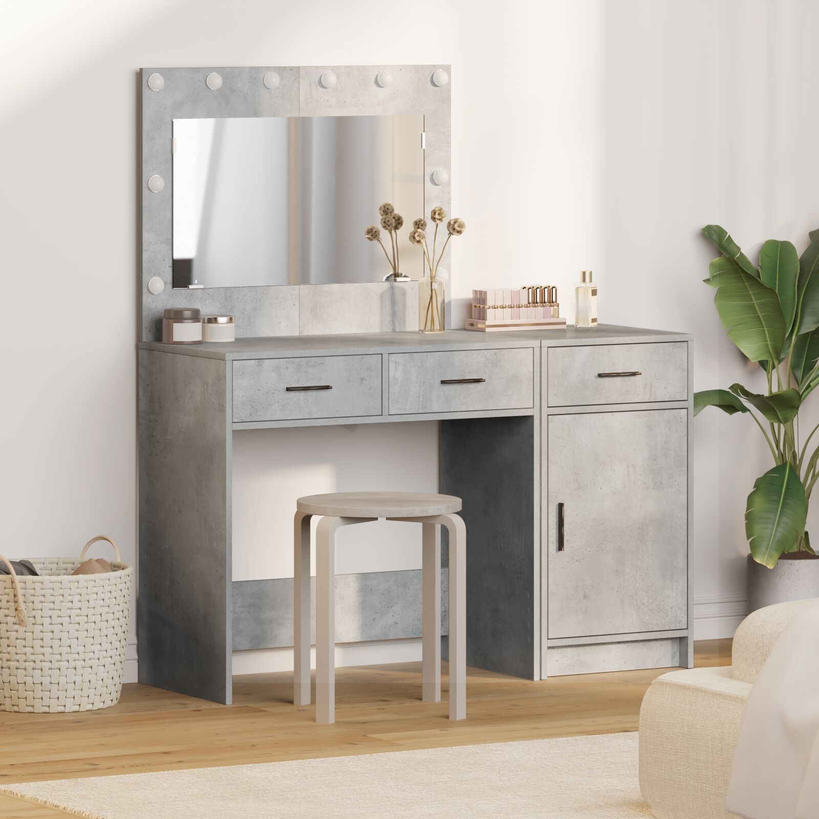 2-teiliges Schminktisch-Set mit LED in Beton Grau aus Holzwerkstoff