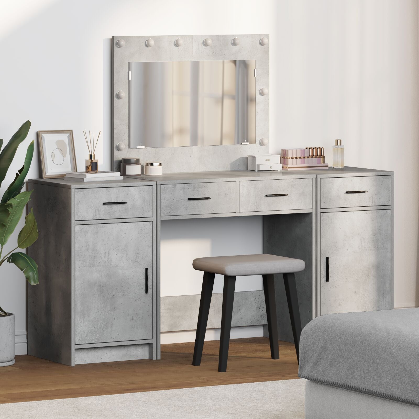 3-teiliges Schminktisch-Set mit LED in Beton Grau aus Holzwerkstoff