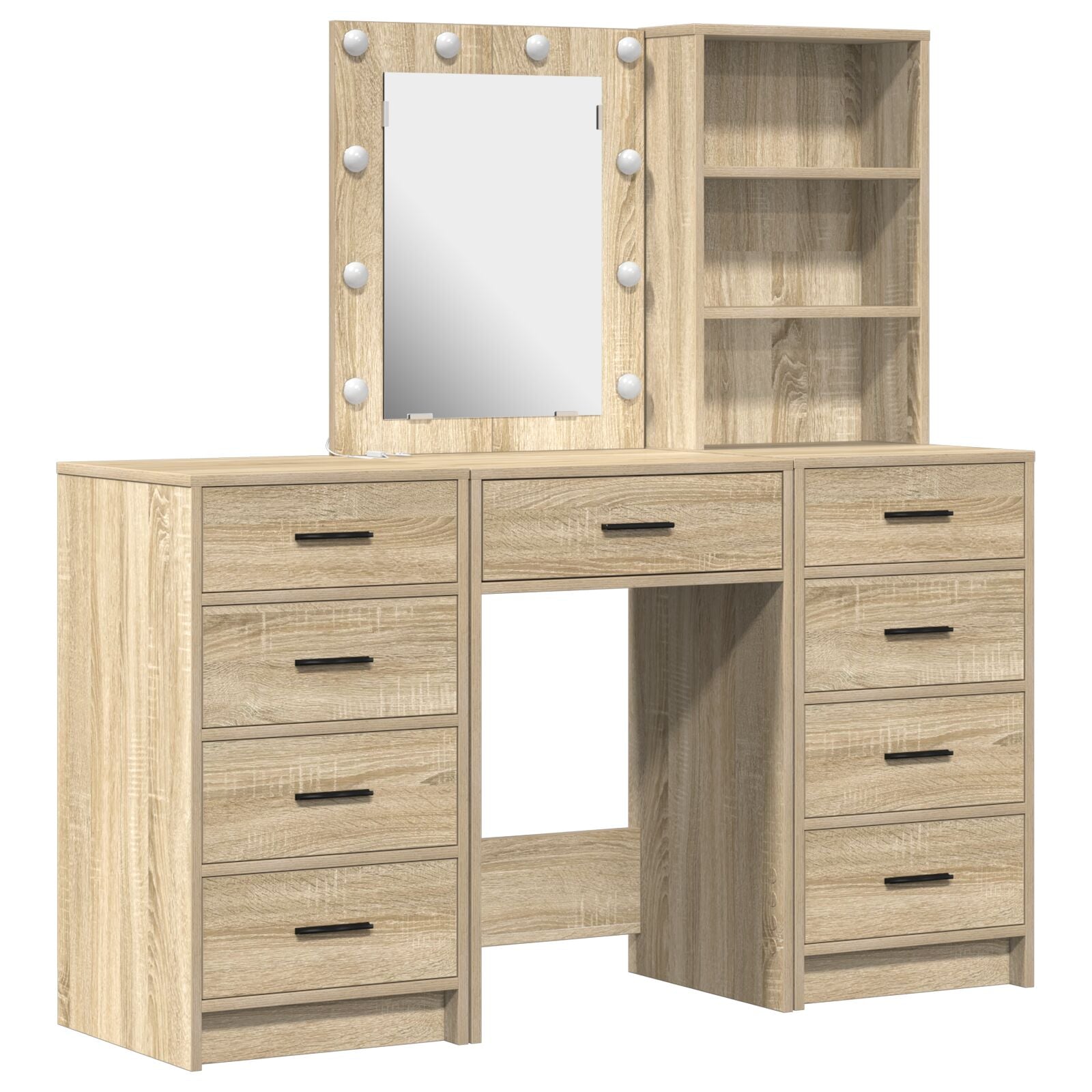 3-teiliges Frisiertischset mit LED Sonoma Eiche Holzwerkstoff