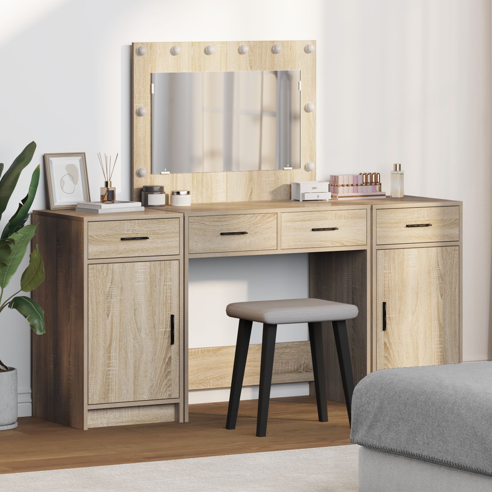 3-teiliges Make-up-Tisch-Set mit LED Sonoma Eichenholzwerkstoff