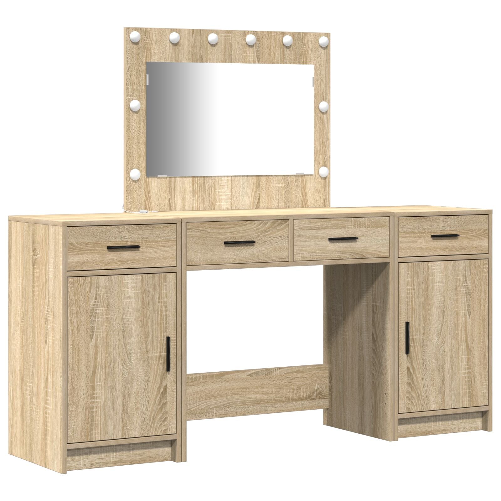 3-teiliges Make-up-Tisch-Set mit LED Sonoma Eichenholzwerkstoff