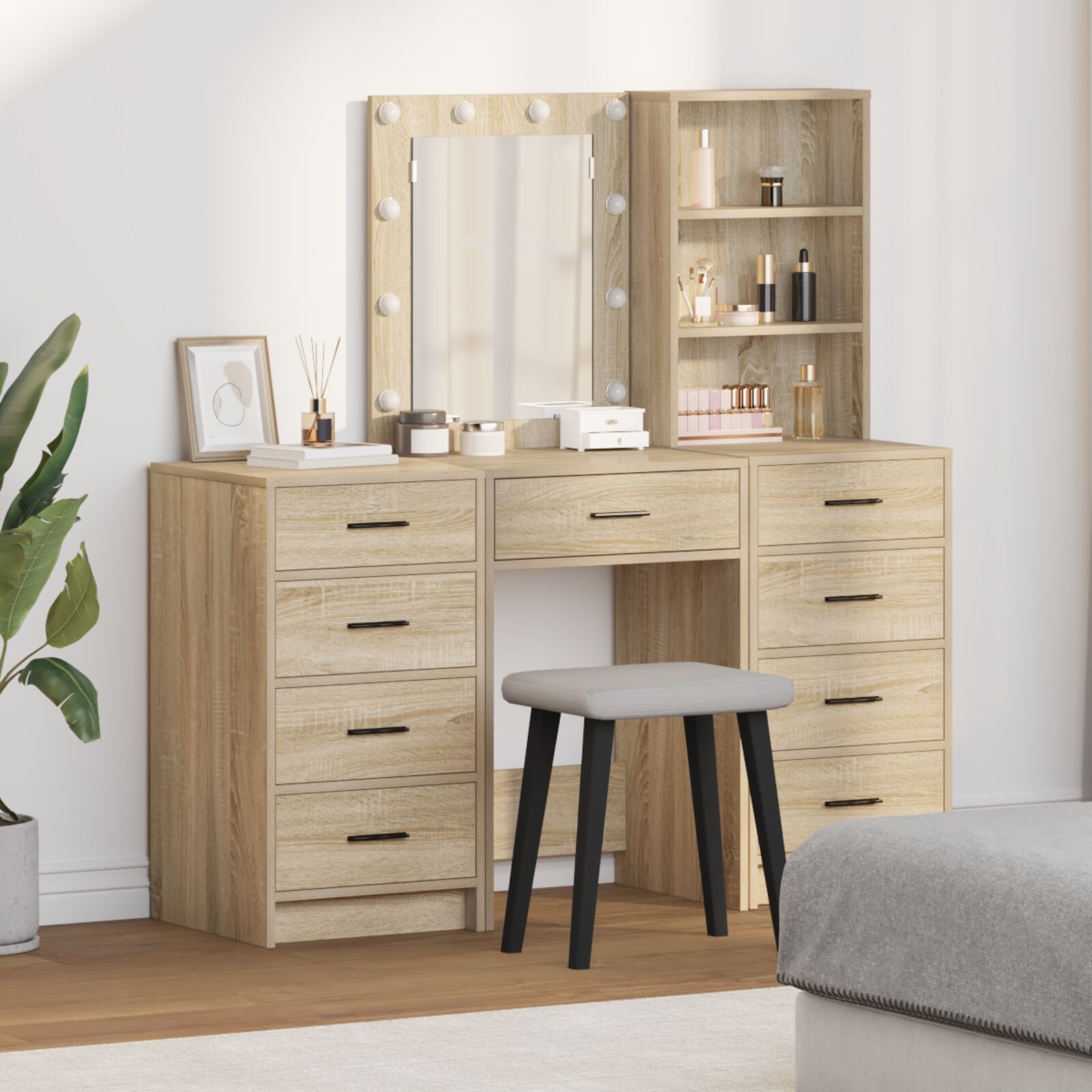 3-teiliges Frisiertischset mit LED Sonoma Eiche Holzwerkstoff