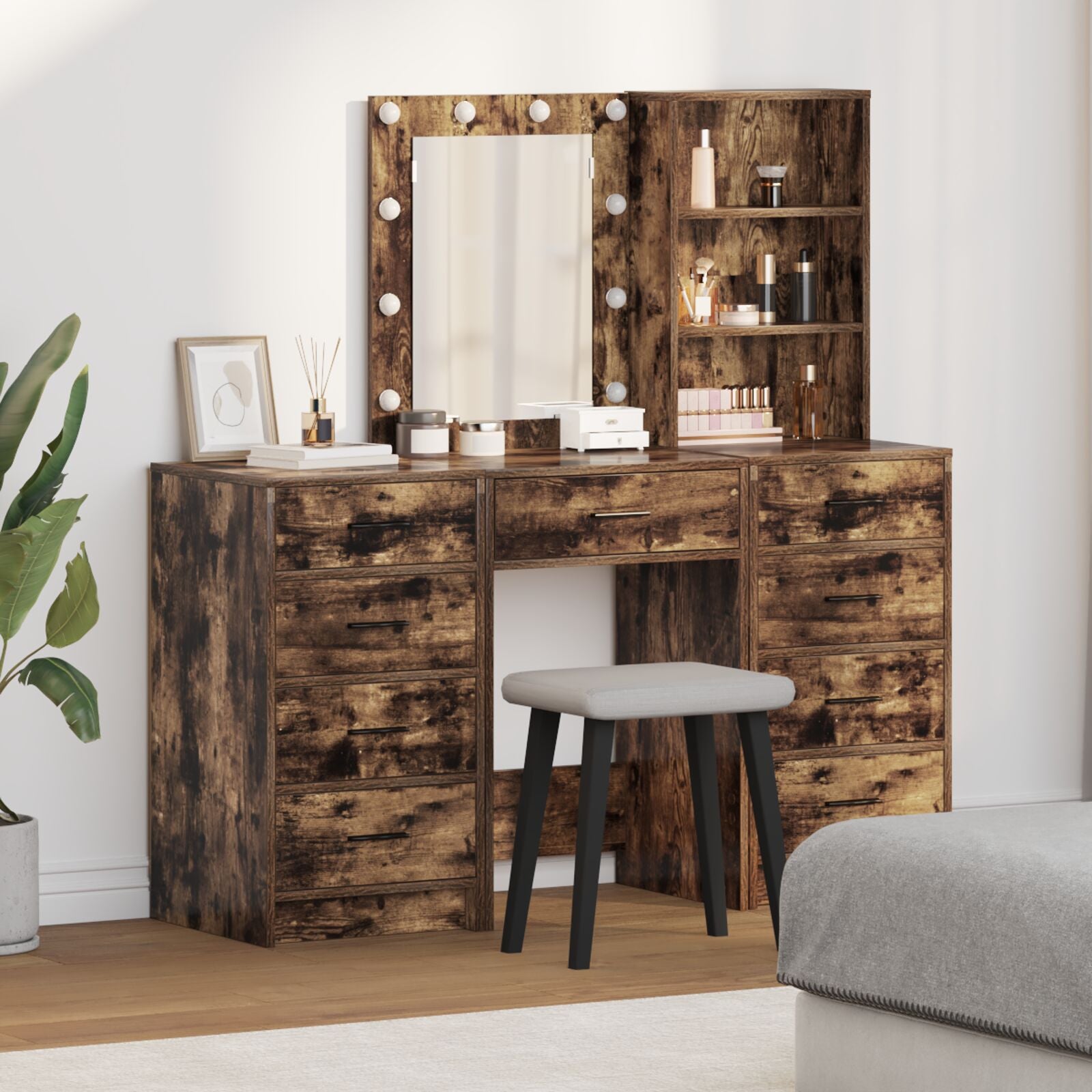 3-teiliges Schminktisch-Set mit LED und geräuchertem Eichenholz