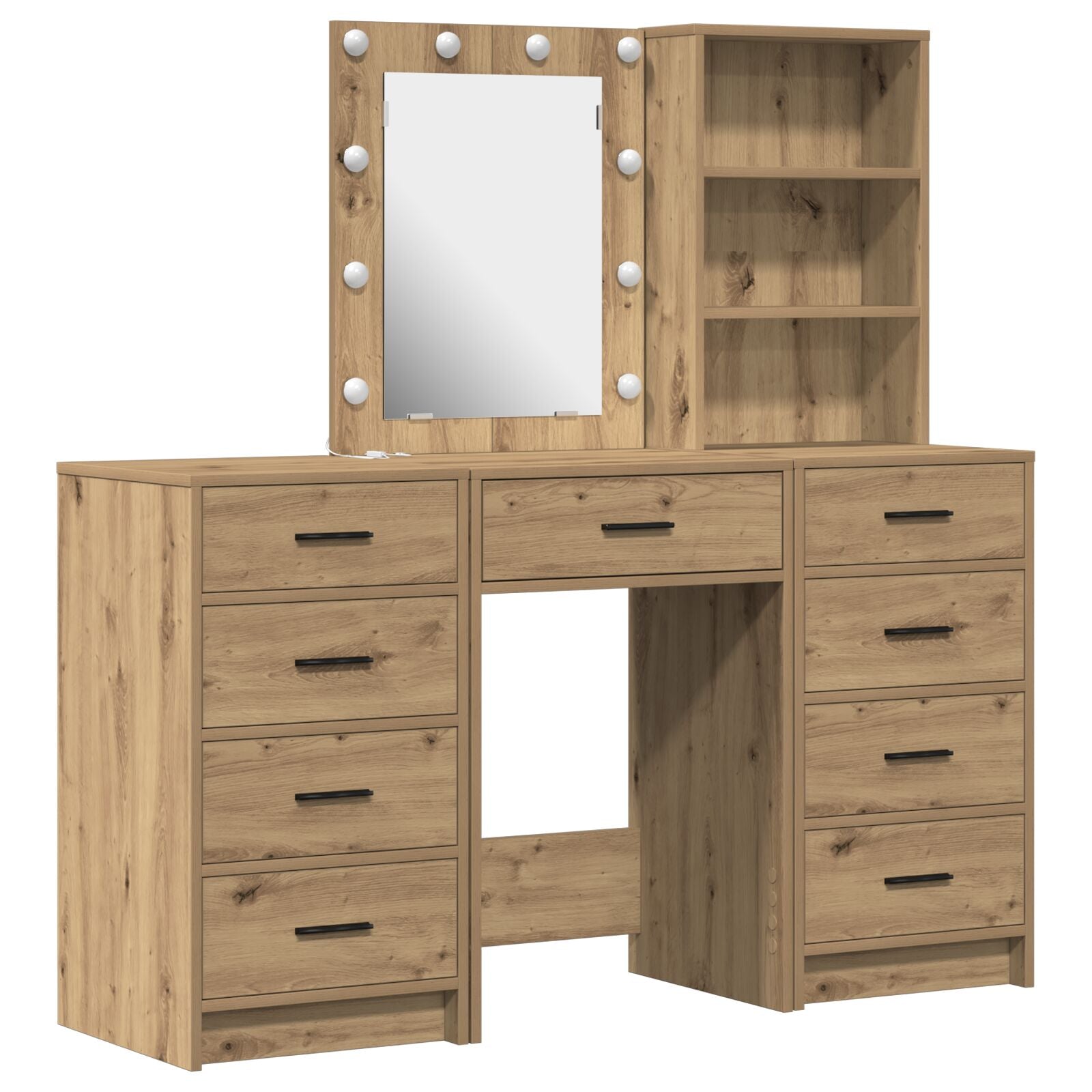 3-teiliges Schminktischset mit LED in Artisan Eiche Holzwerkstoff