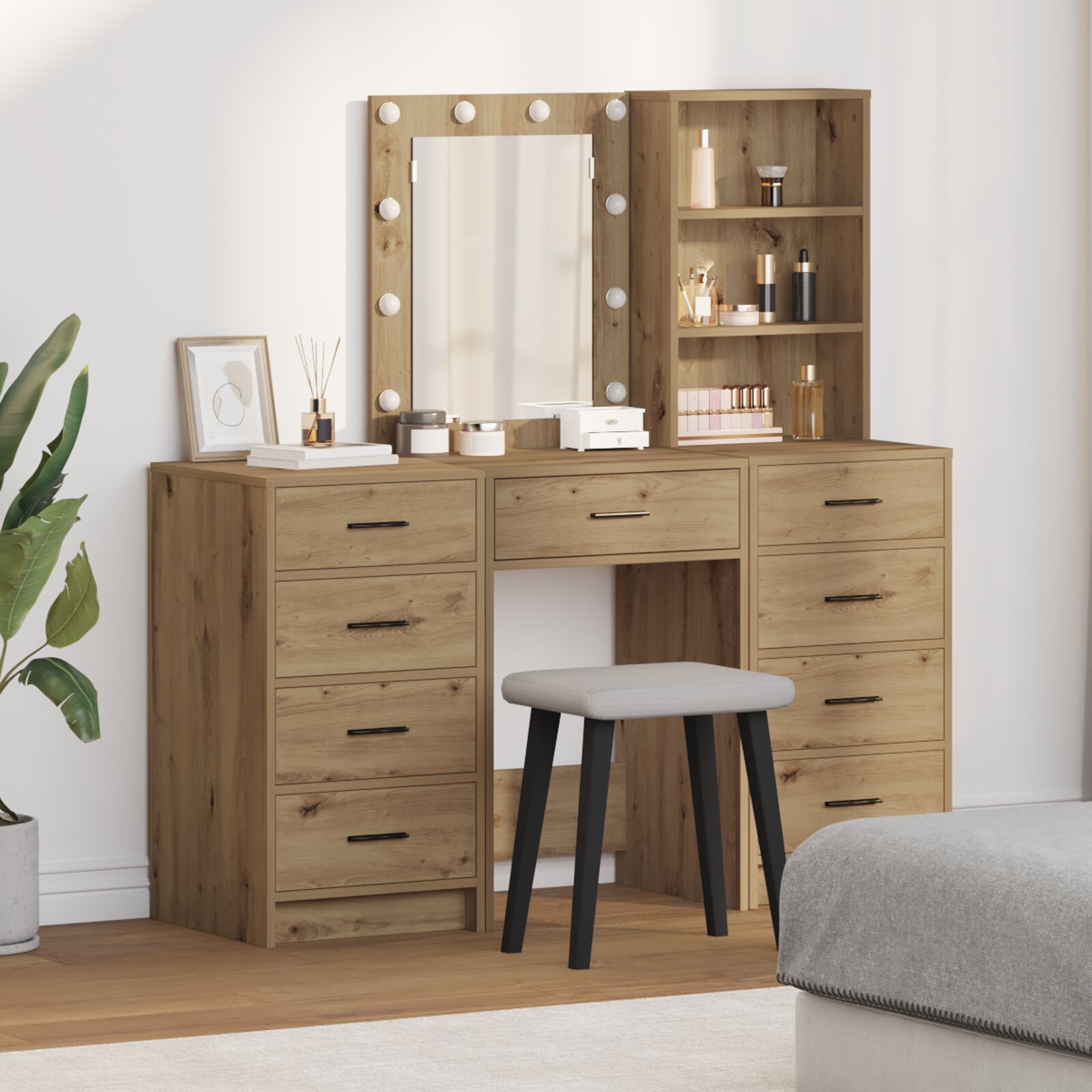 3-teiliges Schminktischset mit LED in Artisan Eiche Holzwerkstoff