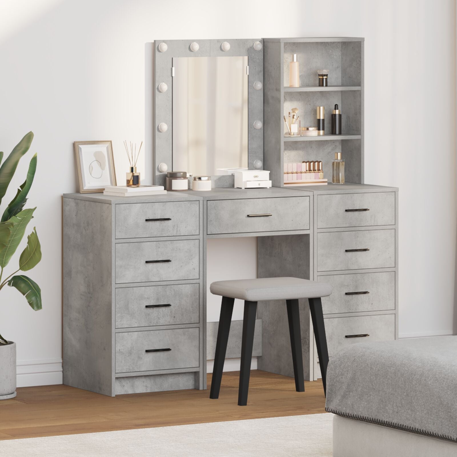 3-teiliges Schminktischset mit LED - Beton Grau Holzwerkstoff