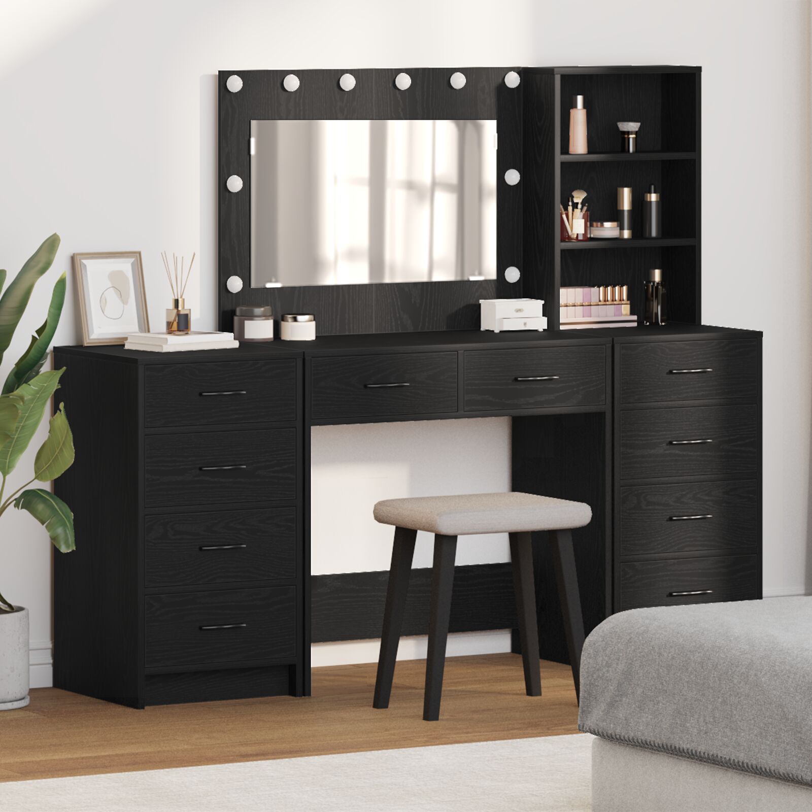 3-teiliges Schminktisch Set mit LED aus Holzwerkstoff in Schwarz
