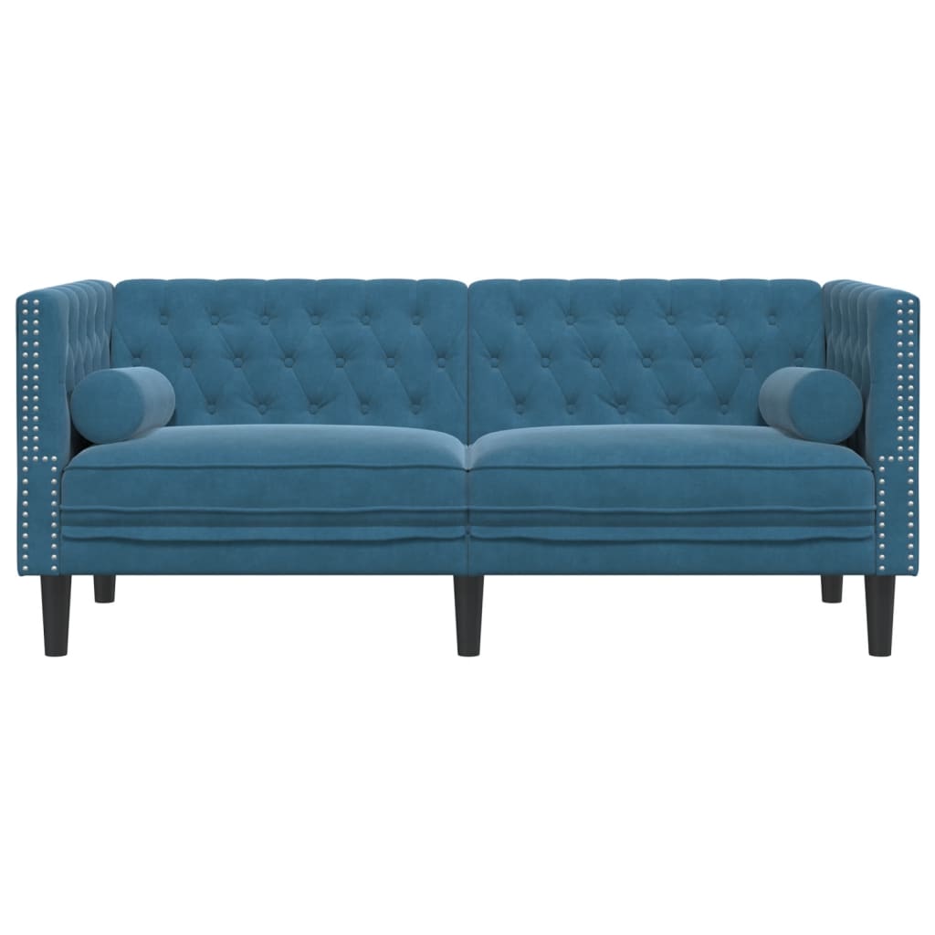 Chesterfield-Sofa mit Nackenrollen 2-Sitzer Blau Samt