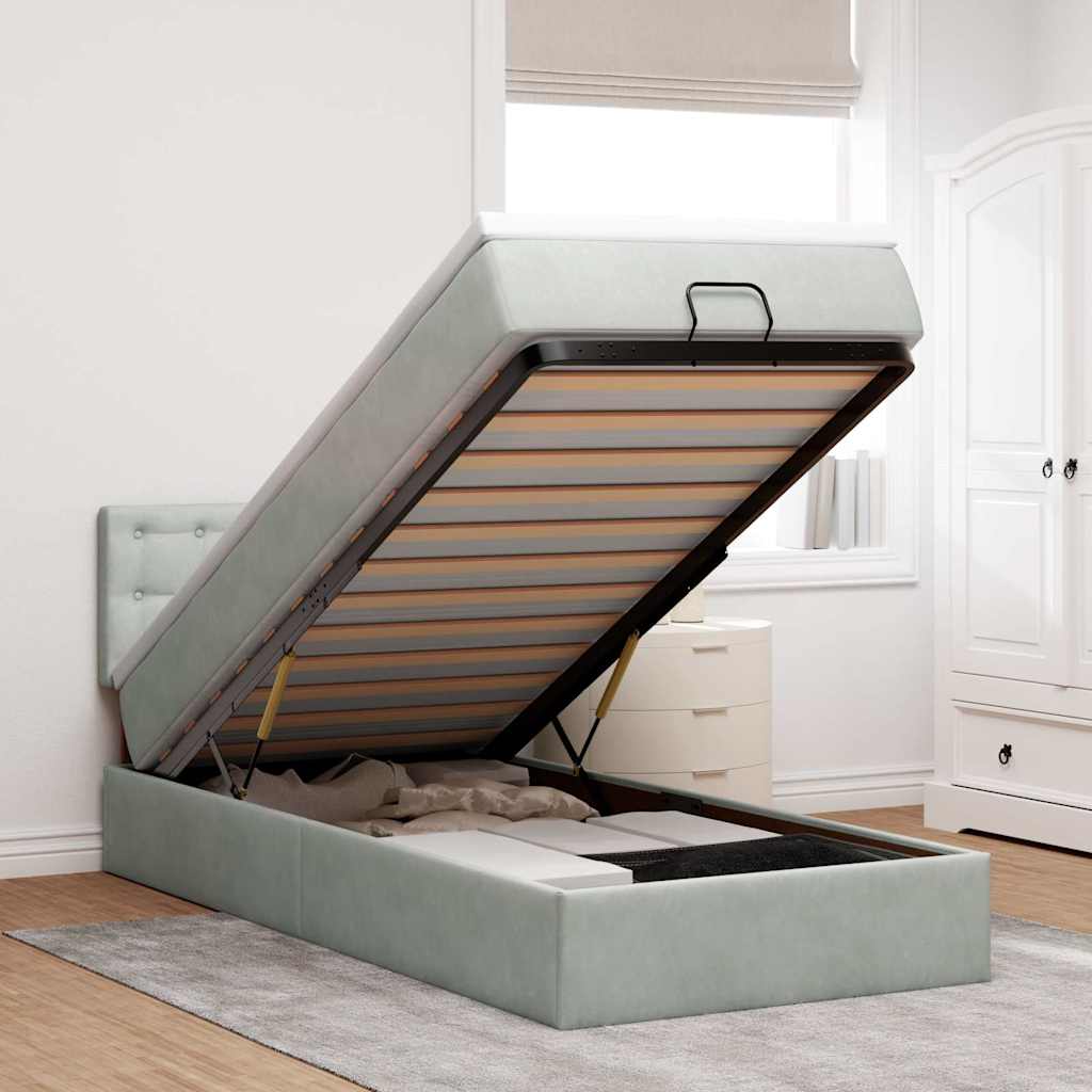 Ottoman-Bett mit Matratze & LEDs Hellgrau 100x200 cm Samt