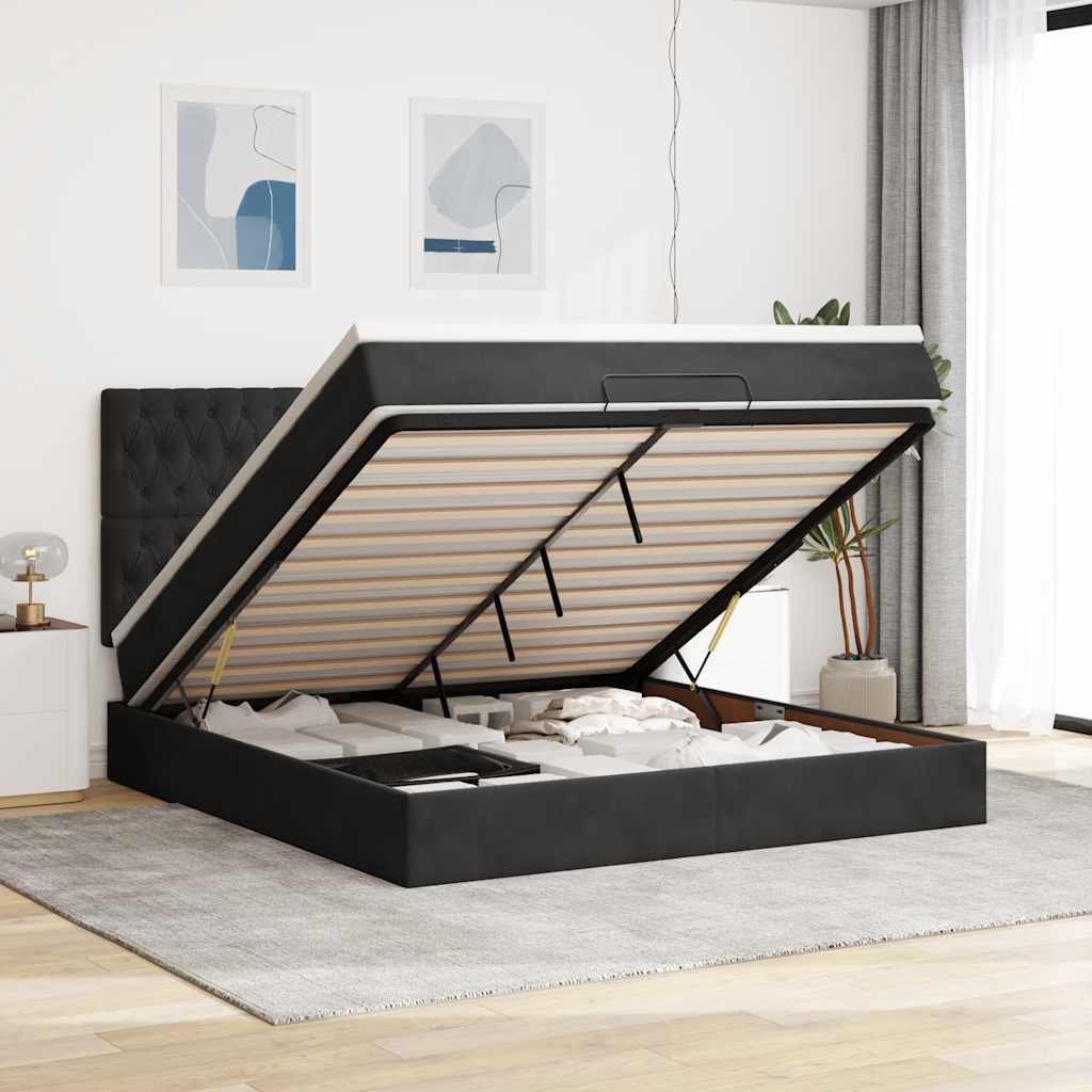 Ottoman-Bett mit Matratzen & LEDs Schwarz 180x200 cm Samt
