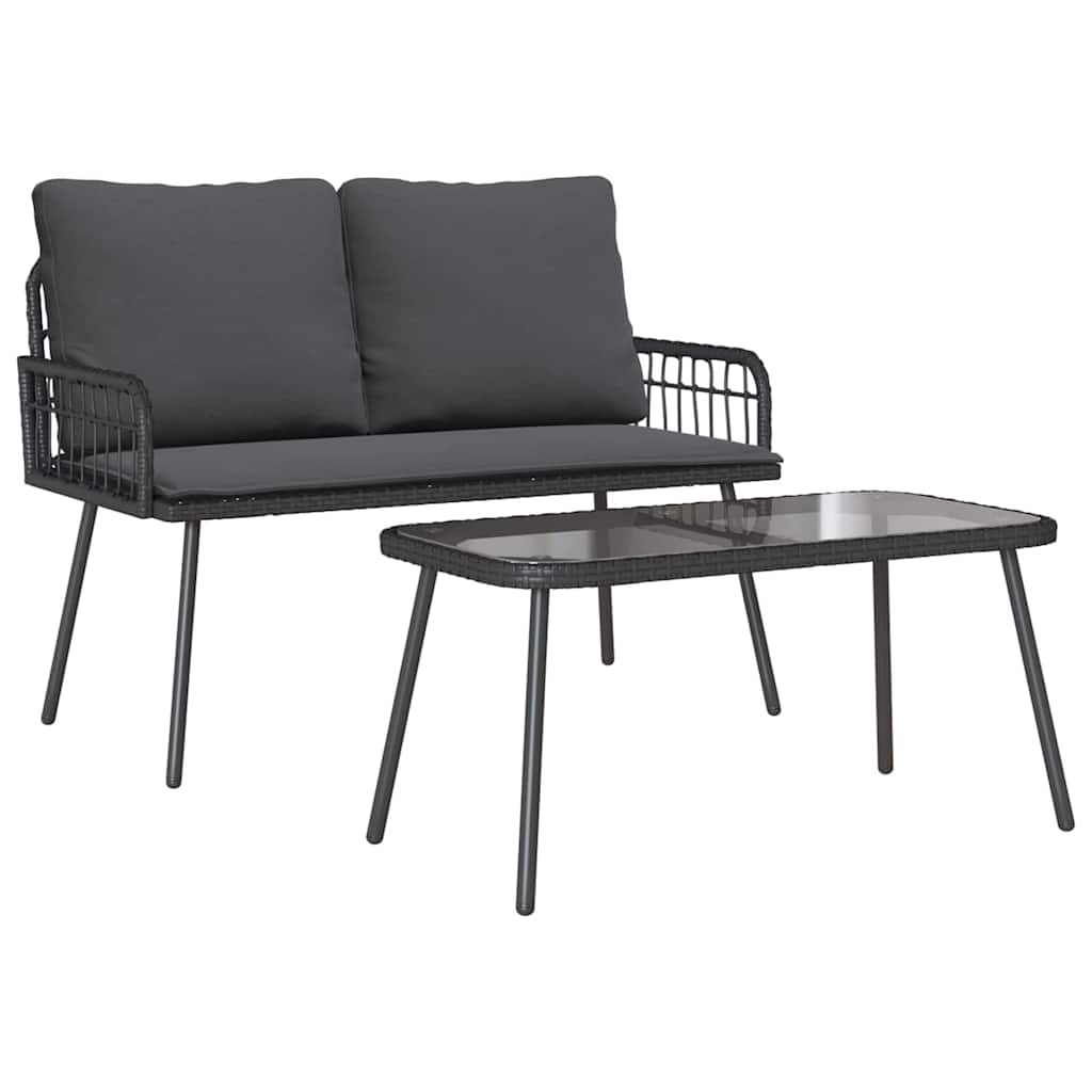 2-tlg. Garten-Essgruppe mit Kissen Schwarz Poly Rattan