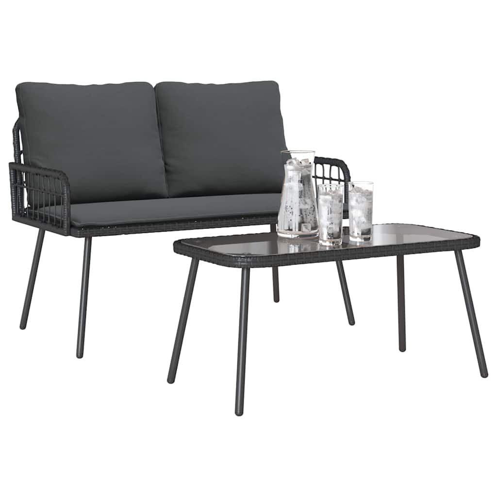 2-tlg. Garten-Essgruppe mit Kissen Schwarz Poly Rattan