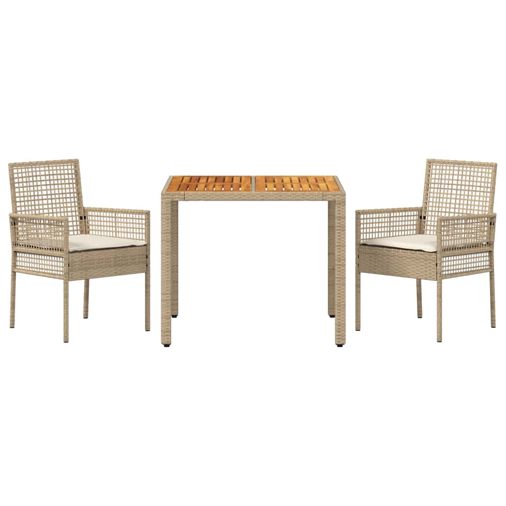 3-teiliges Garten-Essset mit Kissen Beige Poly Rattan