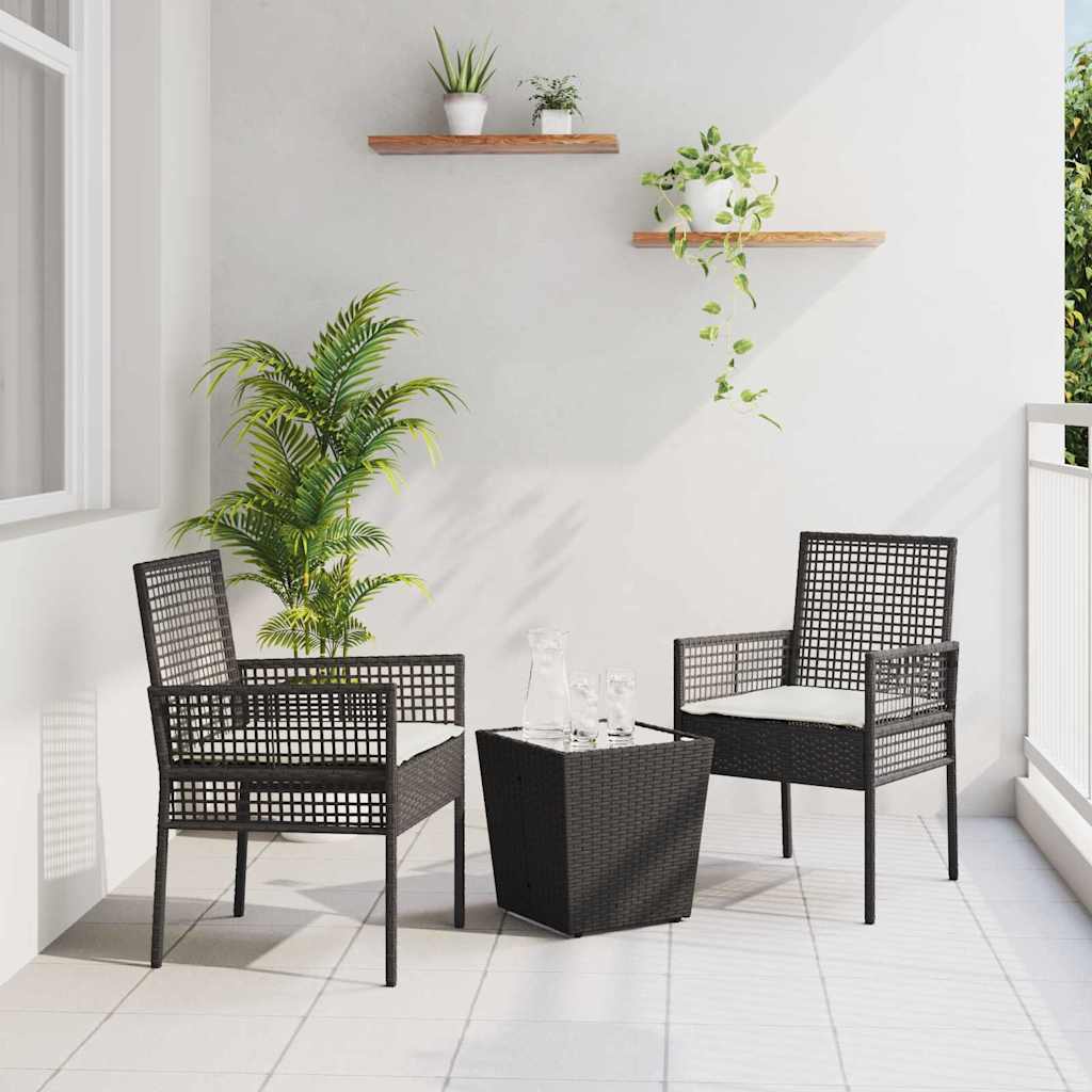 3-tlg. Garten-Bistroset mit Kissen Schwarz Poly Rattan