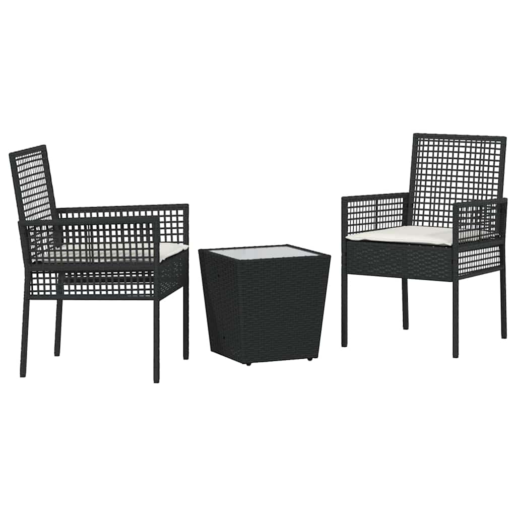 3-tlg. Garten-Bistroset mit Kissen Schwarz Poly Rattan
