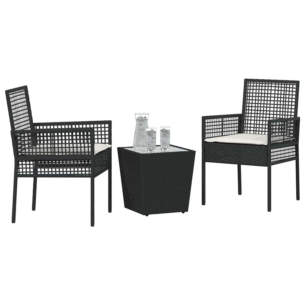 3-tlg. Garten-Bistroset mit Kissen Schwarz Poly Rattan