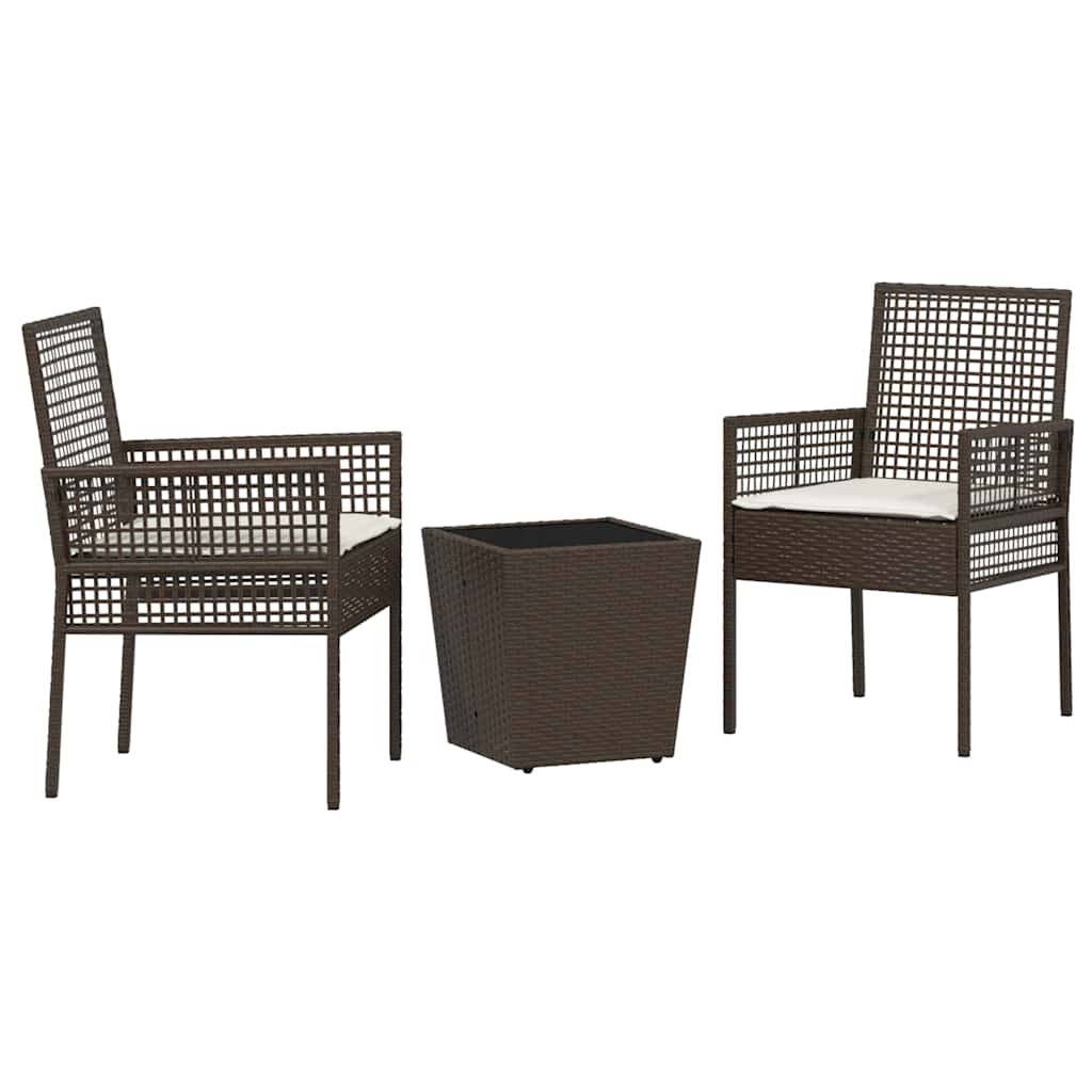 3-tlg. Garten-Bistroset mit Kissen Braun Poly Rattan