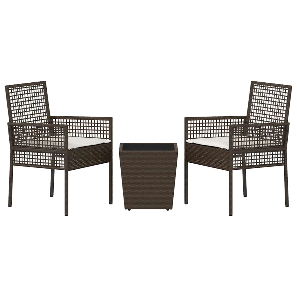3-tlg. Garten-Bistroset mit Kissen Braun Poly Rattan
