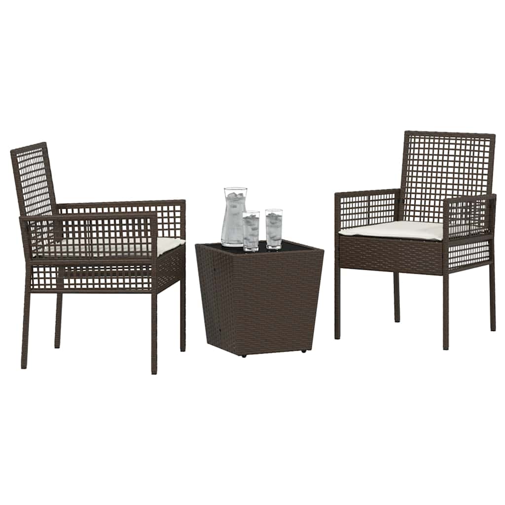 3-tlg. Garten-Bistroset mit Kissen Braun Poly Rattan