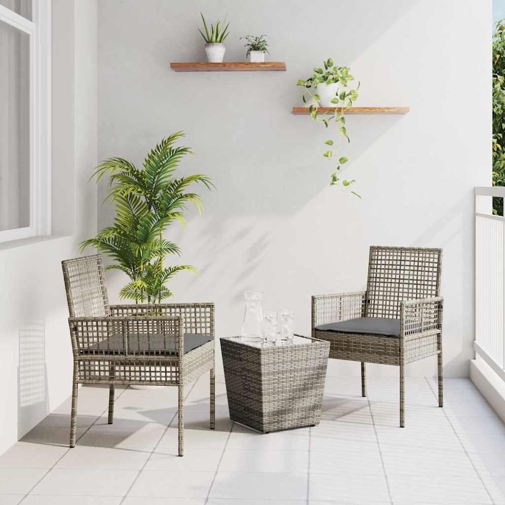 3-tlg. Garten-Bistroset mit Kissen Grau Poly Rattan
