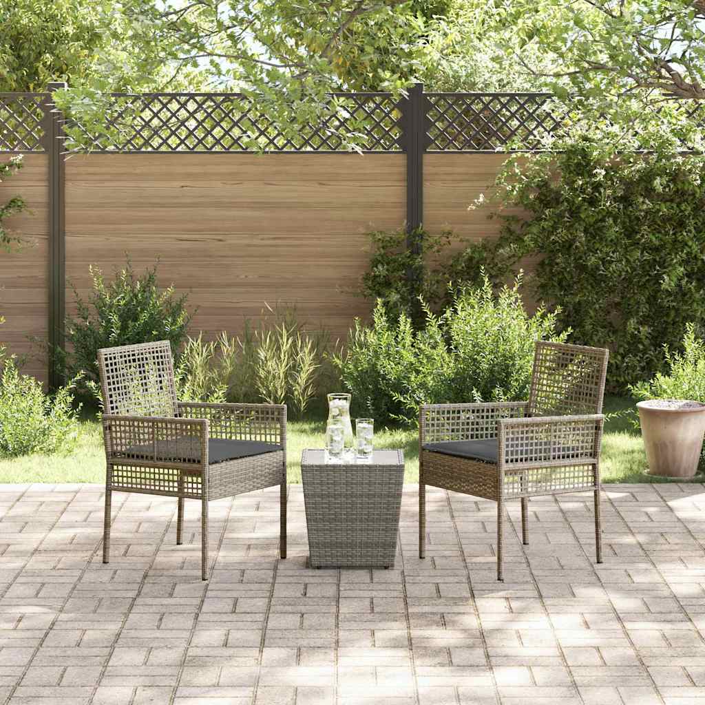 3-tlg. Garten-Bistroset mit Kissen Grau Poly Rattan