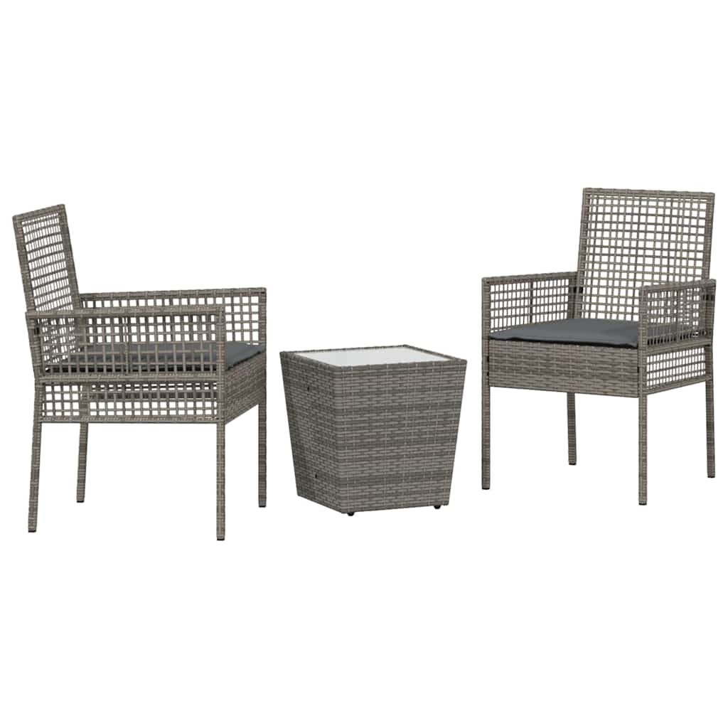 3-tlg. Garten-Bistroset mit Kissen Grau Poly Rattan
