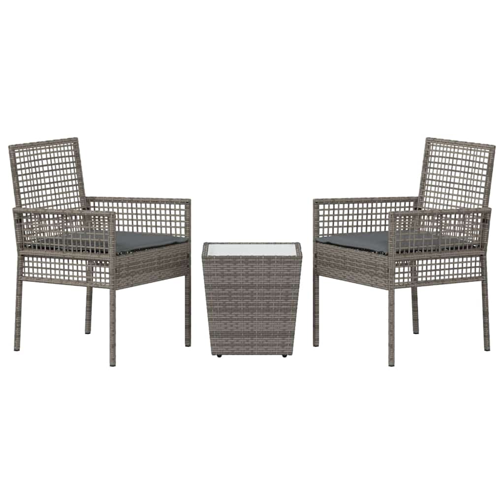 3-tlg. Garten-Bistroset mit Kissen Grau Poly Rattan
